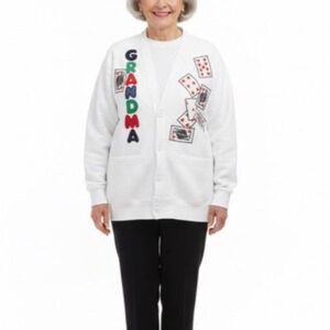 VTG 90s Women's White "Grandma" Playing Card Graphic Cardigan Sweatshirt Size 1X